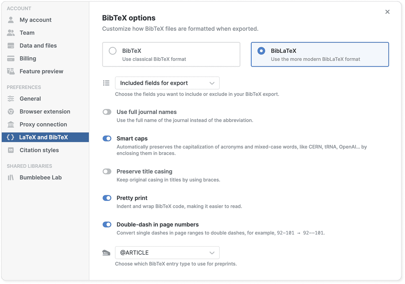 Settings › LaTeX and BibTeX with BibLaTeX selected over classical BibTeX, an “Included fields for export” selector, and toggles for full journal names, smart caps, preserved title casing, pretty print and double-dash page numbers.